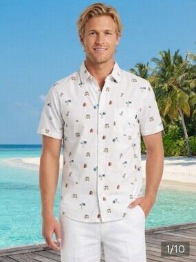 Molokai Surf Co. Mens Sz L White Surfboard Van Palm Tree Print Button Down Shirt